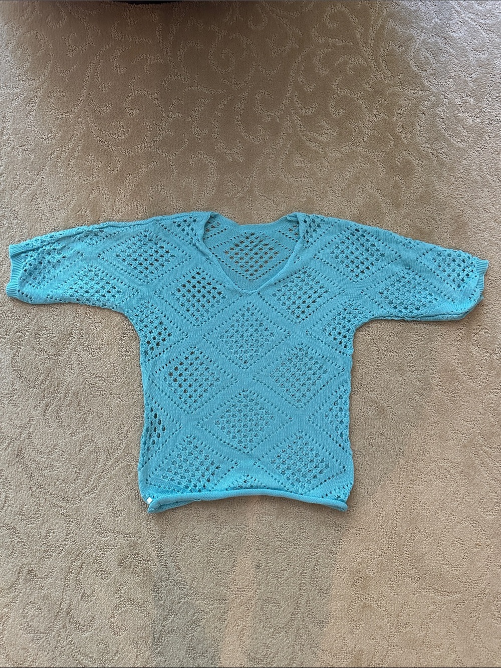 Lightweight turquoise Crochet Knit V-Neck Top